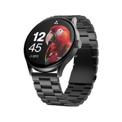 The Ambrane SmartWatch features a large, vibrant 1.43-inch AMOLED display in a circular metallic dial, supporting Bluetooth calling, continuous heart rate monitoring, and multiple sport modes.