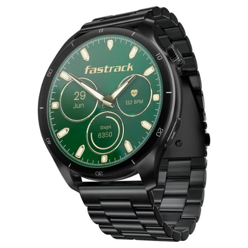 The Fastrack Dezire FX1 PRO Fashion Smart Watch features a round metallic case, a vibrant 1.43-inch AMOLED display with a functional rotating crown, SingleSync Bluetooth Calling, and comprehensive health tracking including SpO2 and 100+ sports modes.