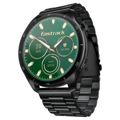 The Fastrack Dezire FX1 PRO Fashion Smart Watch features a round metallic case, a vibrant 1.43-inch AMOLED display with a functional rotating crown, SingleSync Bluetooth Calling, and comprehensive health tracking including SpO2 and 100+ sports modes.