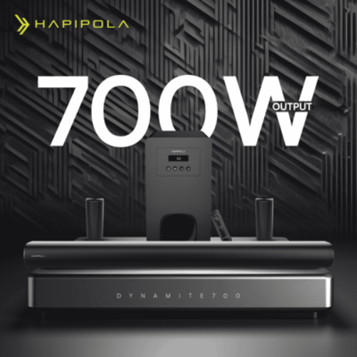 The HAPI POLA Dynamite 700 is a premium 5.1 Channel Soundbar system, featuring a powerful 700W RMS output, a wireless subwoofer for deep bass, Dolby-enhanced 3D surround sound, and multi-connectivity options including HDMI (ARC) and Bluetooth 5.3.
