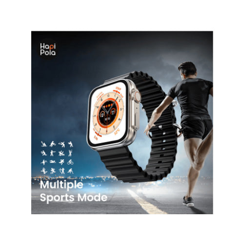 The HAPI POLA TRACK Smartwatch features a large 2.0-inch responsive touchscreen display in a rectangular case with a silicone strap, supporting Bluetooth calling, customizable watch faces, and comprehensive health and fitness tracking.