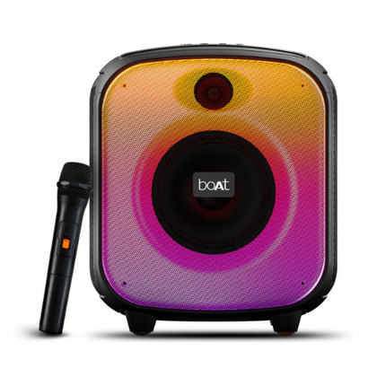 The boAt PartyPal 63 Pro is a portable Bluetooth speaker with a tall, cylindrical design, featuring a top handle, dynamic RGB light effects, and delivering 30 W of boAt Signature Sound.