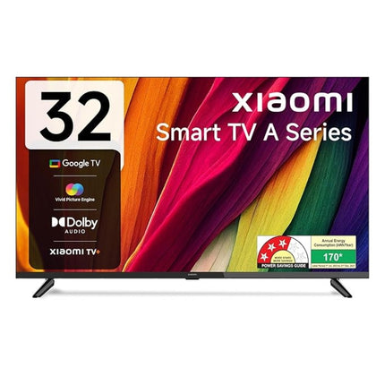 A 32-inch Xiaomi Smart TV A HD Ready Smart Google LED TV, featuring a modern, bezel-less display and supported by its two black, detached stand feet.