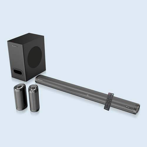 The ZEBRONICS Zeb-Juke BAR 9450 PRO is a powerful 5.1 channel soundbar system consisting of a main soundbar unit, a dedicated wired subwoofer, and two wired rear satellite speakers, delivering immersive audio enhanced with Dolby Audio technology.