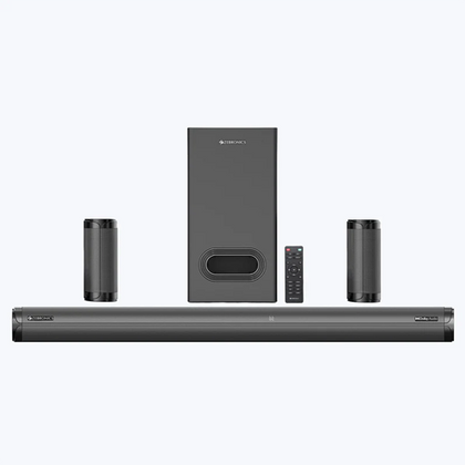 The ZEBRONICS Zeb-Juke BAR 9450 PRO is a powerful 5.1 channel soundbar system consisting of a main soundbar unit, a dedicated wired subwoofer, and two wired rear satellite speakers, delivering immersive audio enhanced with Dolby Audio technology.