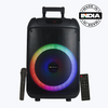 The ZEBRONICS Zeb-Thump 111 is a tall, black 40W trolley speaker with a built-in handle and wheels, featuring dual 6.3mm microphone inputs for karaoke, TWS function, and dynamic RGB lights.