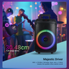 The ZEBRONICS Zeb-Thump 111 is a tall, black 40W trolley speaker with a built-in handle and wheels, featuring dual 6.3mm microphone inputs for karaoke, TWS function, and dynamic RGB lights.