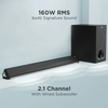 The boAt Aavante Aura is a 2.1 Channel Sound Bar system, consisting of a slim, horizontally-oriented soundbar and a wired or wireless subwoofer for enhanced bass, featuring a premium design suitable for home entertainment.