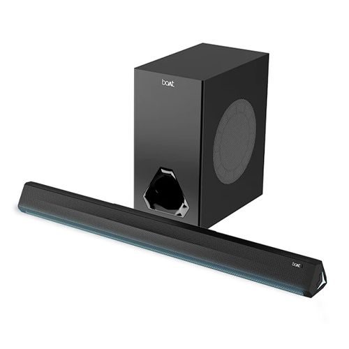 The boAt Aavante Aura is a 2.1 Channel Sound Bar system, consisting of a slim, horizontally-oriented soundbar and a wired or wireless subwoofer for enhanced bass, featuring a premium design suitable for home entertainment.