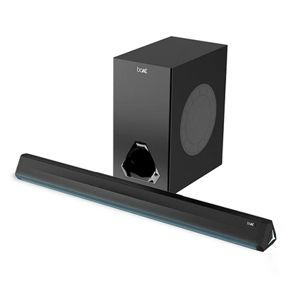 The boAt Aavante Aura is a 2.1 Channel Sound Bar system, consisting of a slim, horizontally-oriented soundbar and a wired or wireless subwoofer for enhanced bass, featuring a premium design suitable for home entertainment.