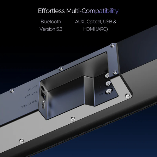 The boAt Aavante Bar 2400 is a 5.1 channel home theater soundbar system, consisting of a central soundbar unit, a wired subwoofer for deep bass, and two wired satellite speakers for true surround sound.