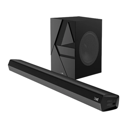 The boAt Aavante Bar Quake is a 2.1 channel soundbar system featuring a sleek soundbar unit and a powerful wired subwoofer, delivering immersive audio with deep, thumping bass.