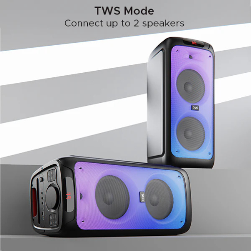 The boAt PartyPal 400 is a large, powerful Bluetooth party speaker with a box-shaped cabinet, integrated wheels and a telescopic handle for portability, delivering 160 W of sound, and featuring dynamic LED lights and microphone inputs.