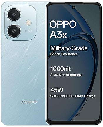 OPPO A3x 4G Smartphone in Ocean Blue (4GB RAM, 128GB Storage) with 50MP AI Camera, 90Hz Display, and 5000mAh Long-lasting Battery.
