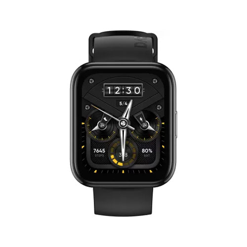 The realme Smart Watch 2 Pro features a large 1.75-inch rectangular color display, built-in dual-satellite GPS for accurate tracking, and offers a long battery life with SpO2 and heart rate monitoring.